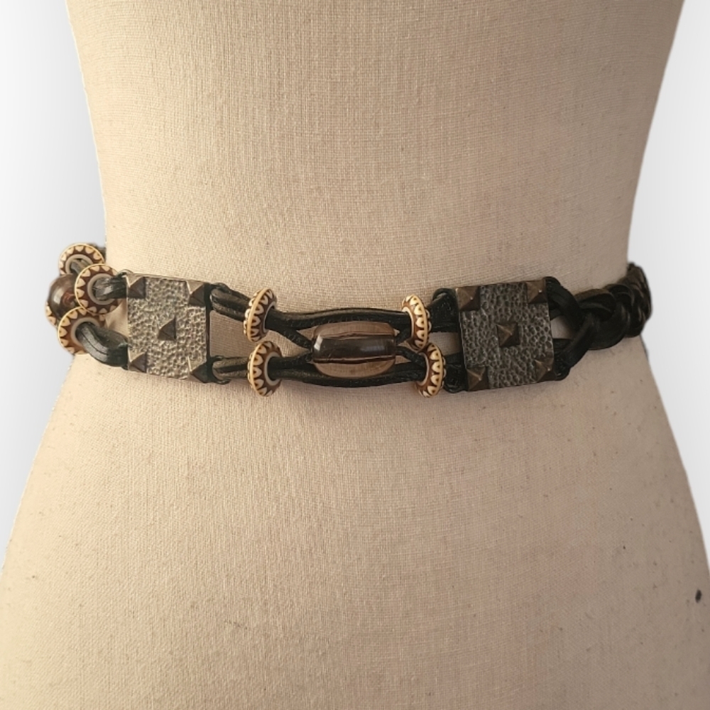 Vintage Leather Bead Metal Concho Belt Size Small 27"